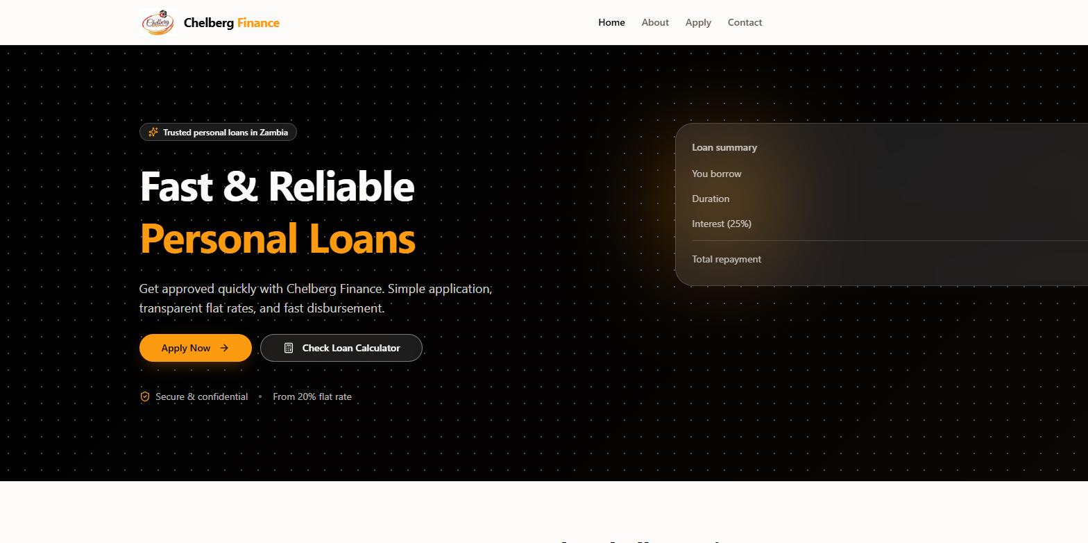 The Chelberg Finance homepage, a dark hero with the headline Fast & Reliable Personal Loans and a sample loan-summary card.