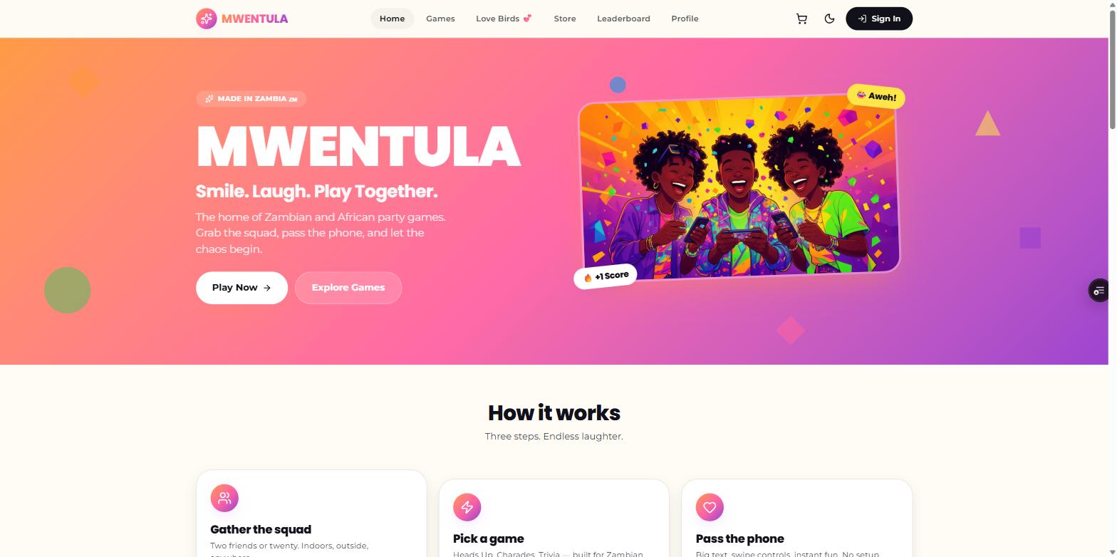 The Mwentula homepage, a bright orange-to-purple hero with the wordmark MWENTULA and an illustration of three friends laughing over phones.